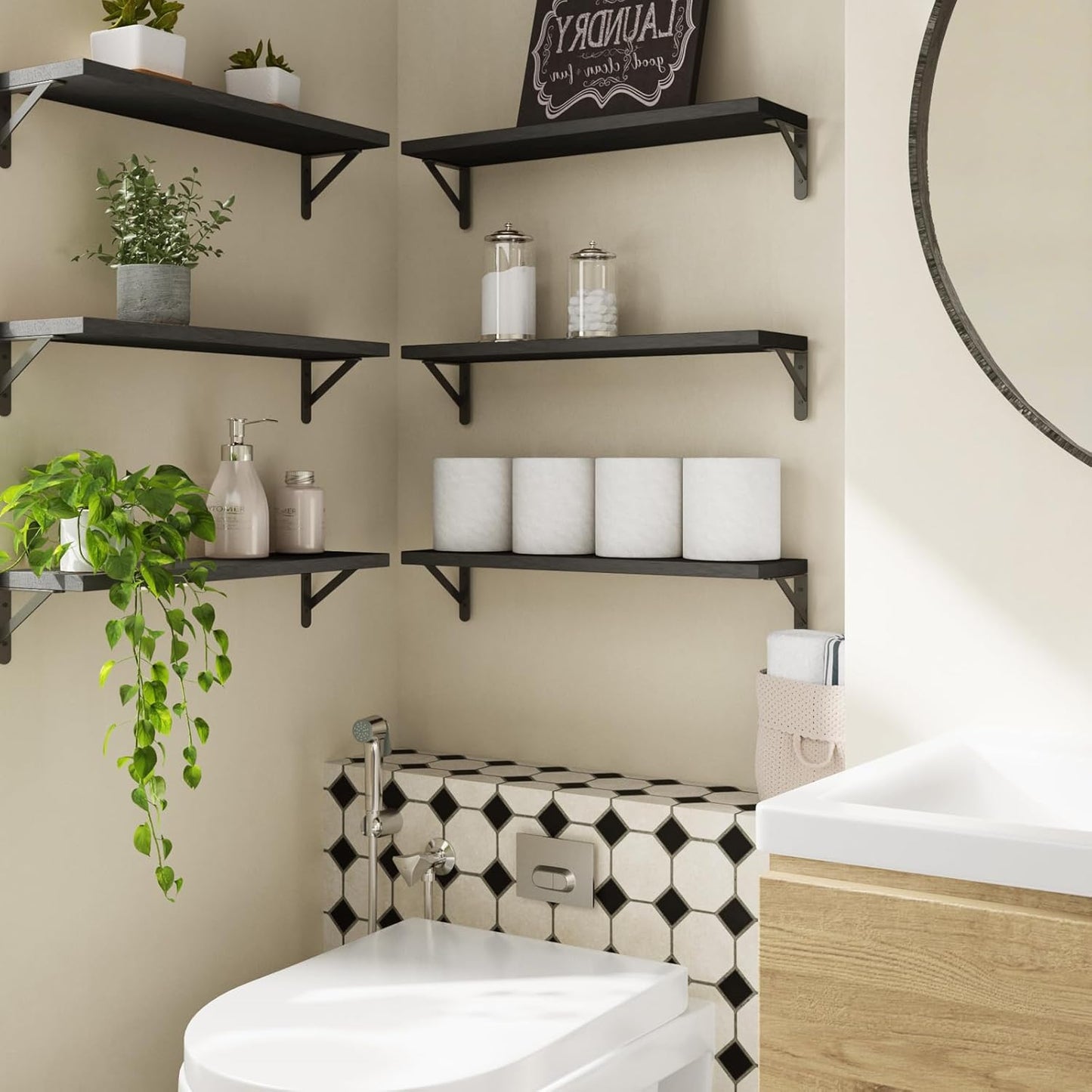 YGEOMER Brown Floating Shelves for Wall, 16.5 Inch Farmhouse Wall Shelves for Bedroom, Bathroom Storage, Living Room and Kitchen Decor (Set of 6 Brown)