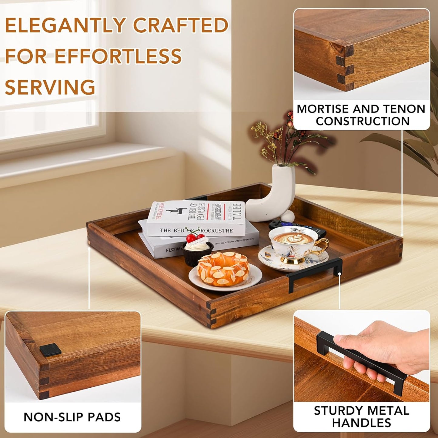 Large Square Ottoman Tray for Living Room and Coffee Table, Decorative Acacia Wood Serving Tray with Metal Handles for Breakfast in Bed, Dinner Food Kitchen TV (Natural, 20" x 20" x 2")