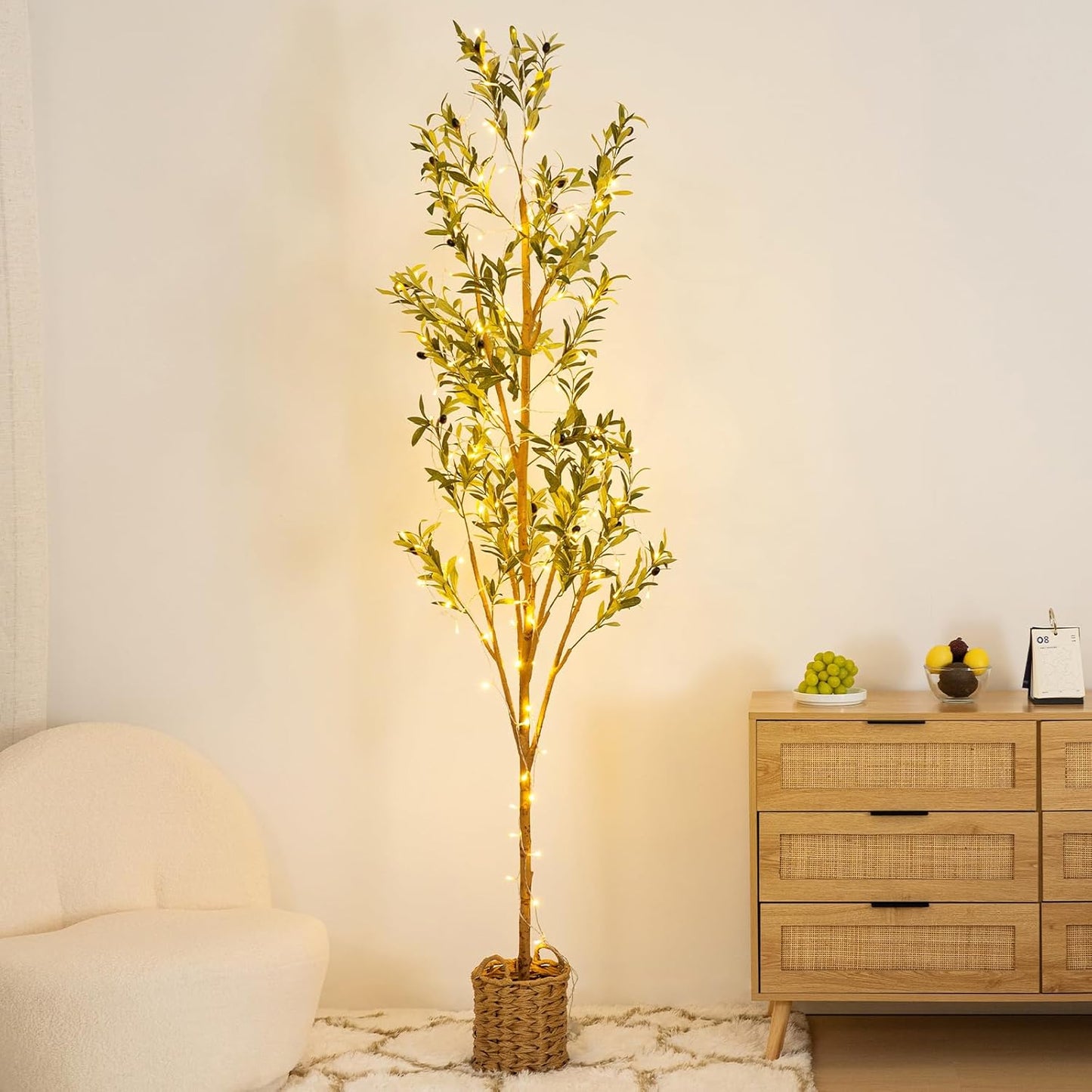 6ft Artificial Olive Tree with LED Fairy Lights, Tall Faux Potted Plant with Woven Basket - Natural Wooden Trunk & Lifelike Leaves & Fruits for Indoor Home Office Foyer Decor Housewarming Gift