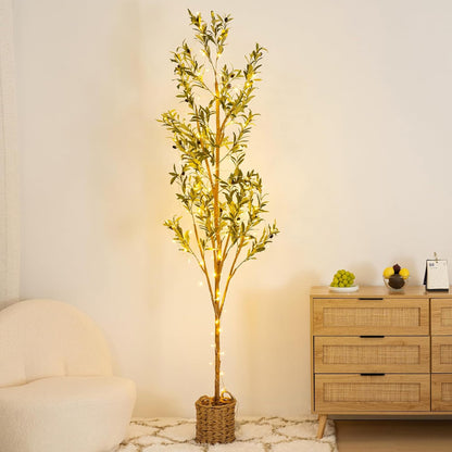 6ft Artificial Olive Tree with LED Fairy Lights, Tall Faux Potted Plant with Woven Basket - Natural Wooden Trunk & Lifelike Leaves & Fruits for Indoor Home Office Foyer Decor Housewarming Gift