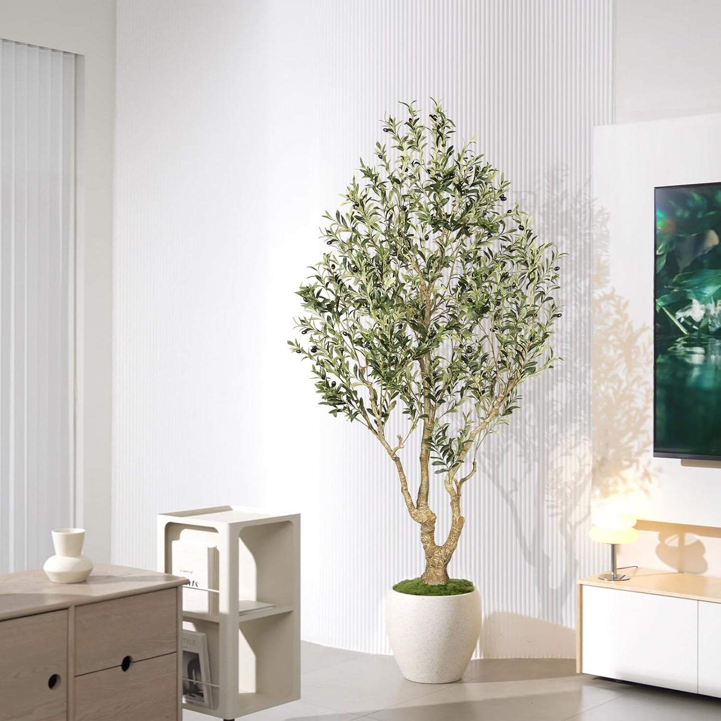 FEELEAD Olive Trees Artificial Indoor 7ft – Faux Olive Tree 7 Feet with Natural Looking Trunk, Realistic Leaves and Lifelike Fruits, Fake Olive Tree for Home Office Living Room Decor