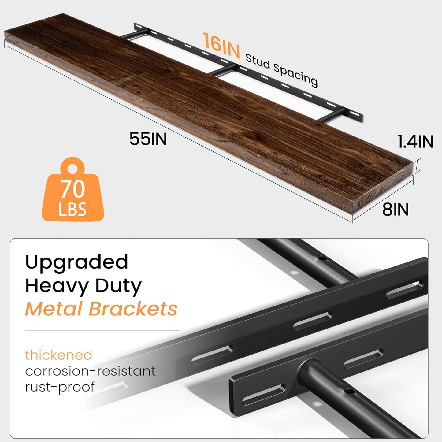 Floating Shelves 36 Inches Long - 8 Inch Deep Rustic Premium Solid Pine Wood for Storage - Farmhouse Wall Mounted for Living Room - Heavy-Duty Metal Bracket - 36" W x 8" D - Set of 2 - White Color