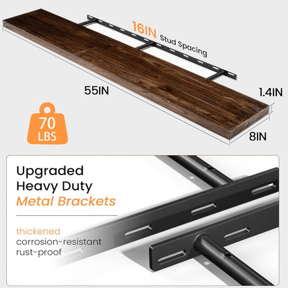 Floating Shelves 36 Inches Long - 8 Inch Deep Rustic Premium Solid Pine Wood for Storage - Farmhouse Wall Mounted for Living Room - Heavy-Duty Metal Bracket - 36" W x 8" D - Set of 2 - White Color
