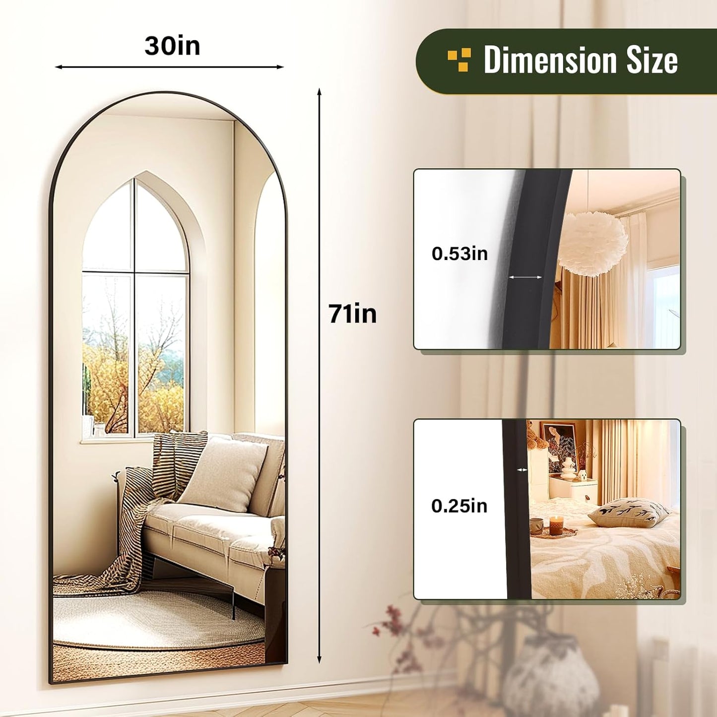 XRAMFY 56"x21" Arched Full Length Mirror Floor Mirrors with Aluminum Alloy Frame Free-Standing Wall Mounted Floor Mirrors or Large Dressing Mirror, Black Mirror Full Length