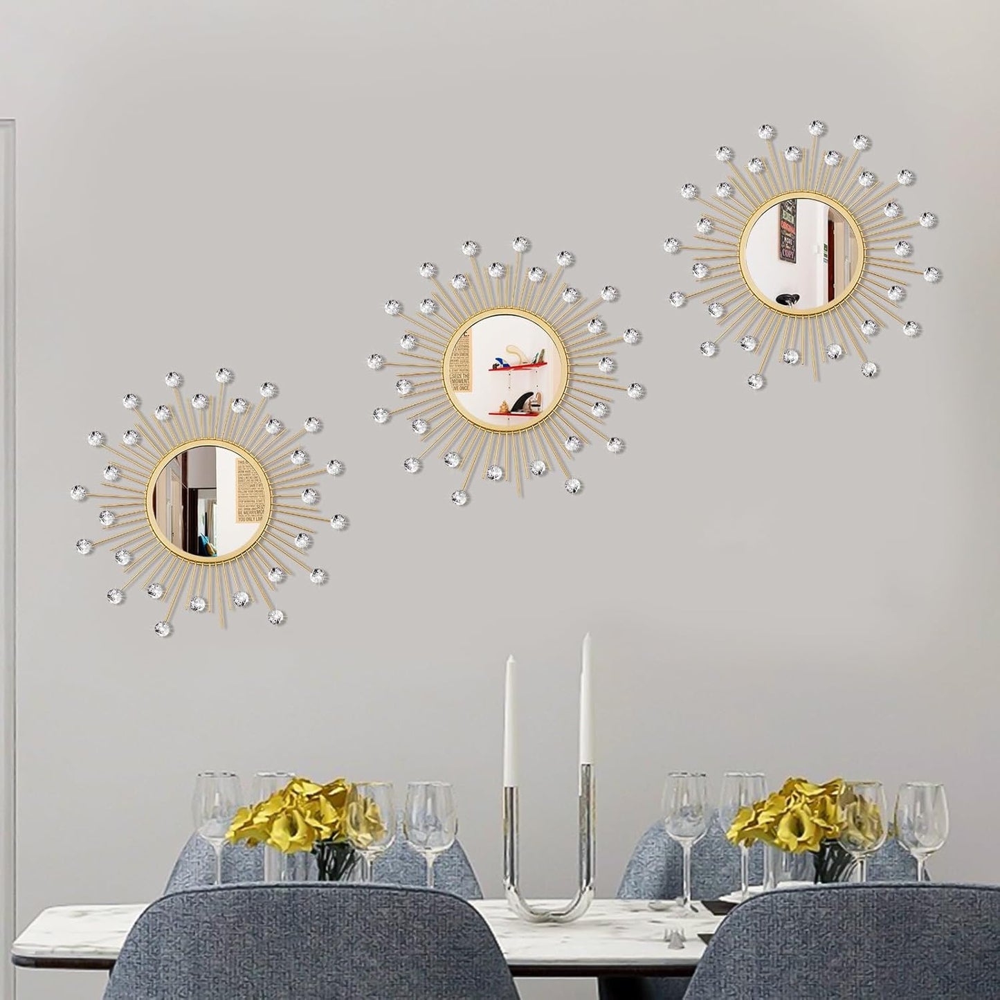 3 Pack Metal Mirrors for Wall Sunburst Wall Mirrors Home Décor Decorative Hanging Wall Art for Living Room Bedroom Entryway (Gold, Flower+Sunburst)