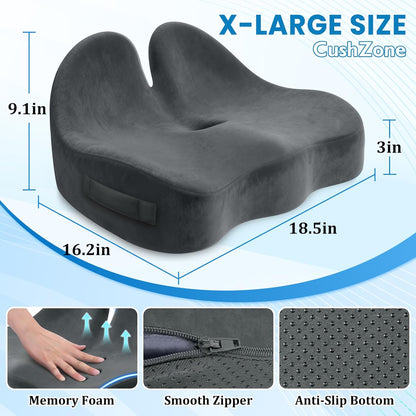 CushZone Seat Cushion, Ergonomic Memory Foam Seat Cushions for Office Chairs, Car, Long Trip, Desk Chair, Lab, Extra Large Size for Sciatica & Hip & Tailbone Pain Relief, Sciatica Support (Black)