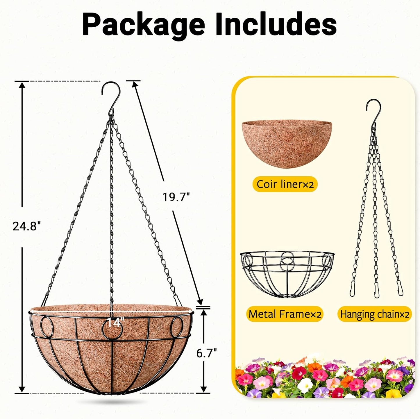 ZeeDix 2 Pack Round Hanging Baskets for Plants Outdoor, 12 Inch Metal Wire Planter Basket with Coco Liner, Hanging Flower Pots for Garden Yard Patio Porch Balcony Decor