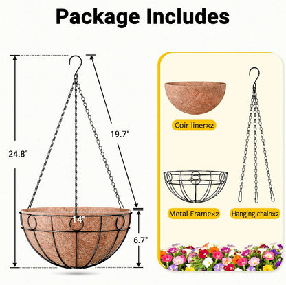 ZeeDix 2 Pack Round Hanging Baskets for Plants Outdoor, 12 Inch Metal Wire Planter Basket with Coco Liner, Hanging Flower Pots for Garden Yard Patio Porch Balcony Decor
