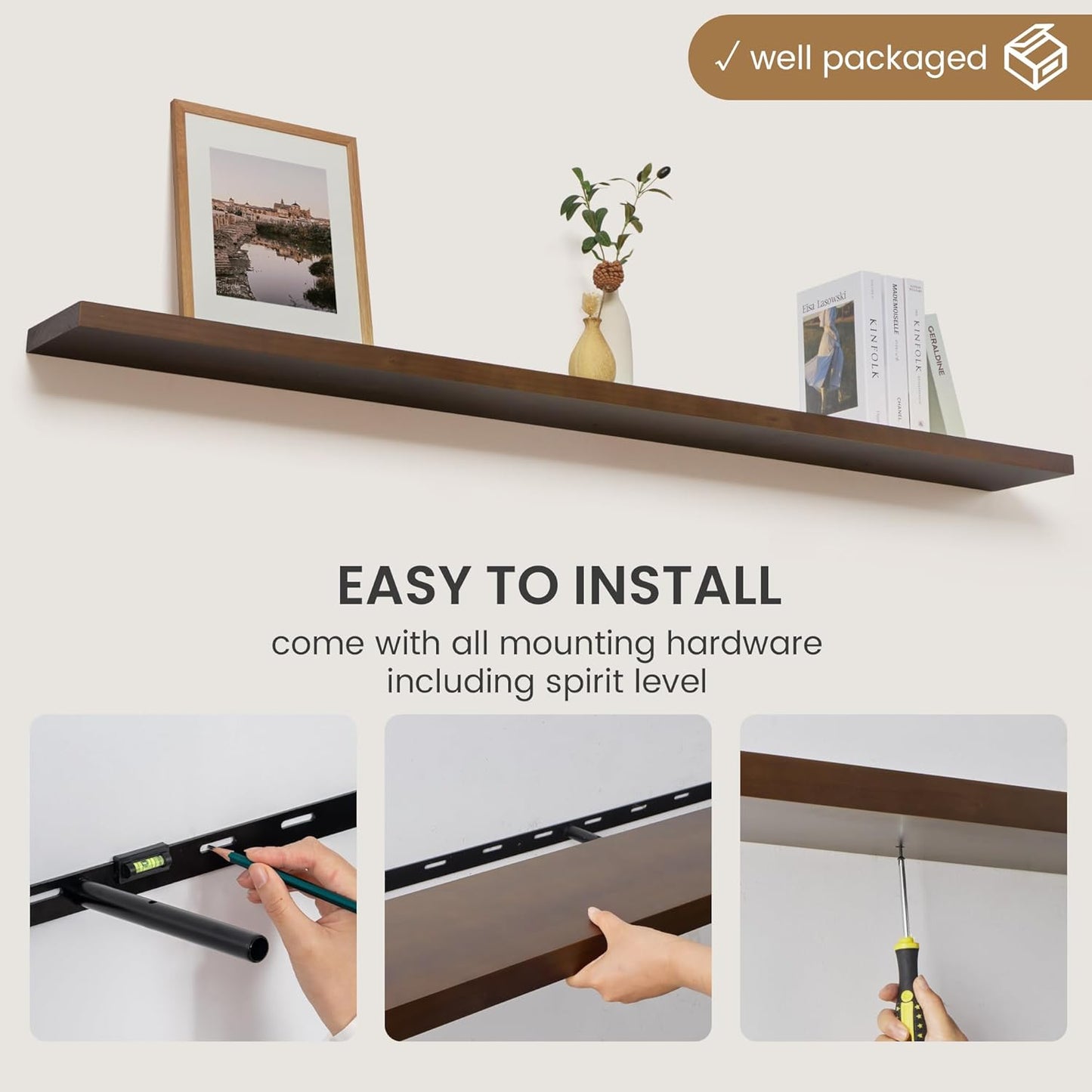 Floating Shelves 36 Inches Long - 8 Inch Deep Rustic Premium Solid Pine Wood for Storage - Farmhouse Wall Mounted for Living Room - Heavy-Duty Metal Bracket - 36" W x 8" D - Set of 2 - White Color