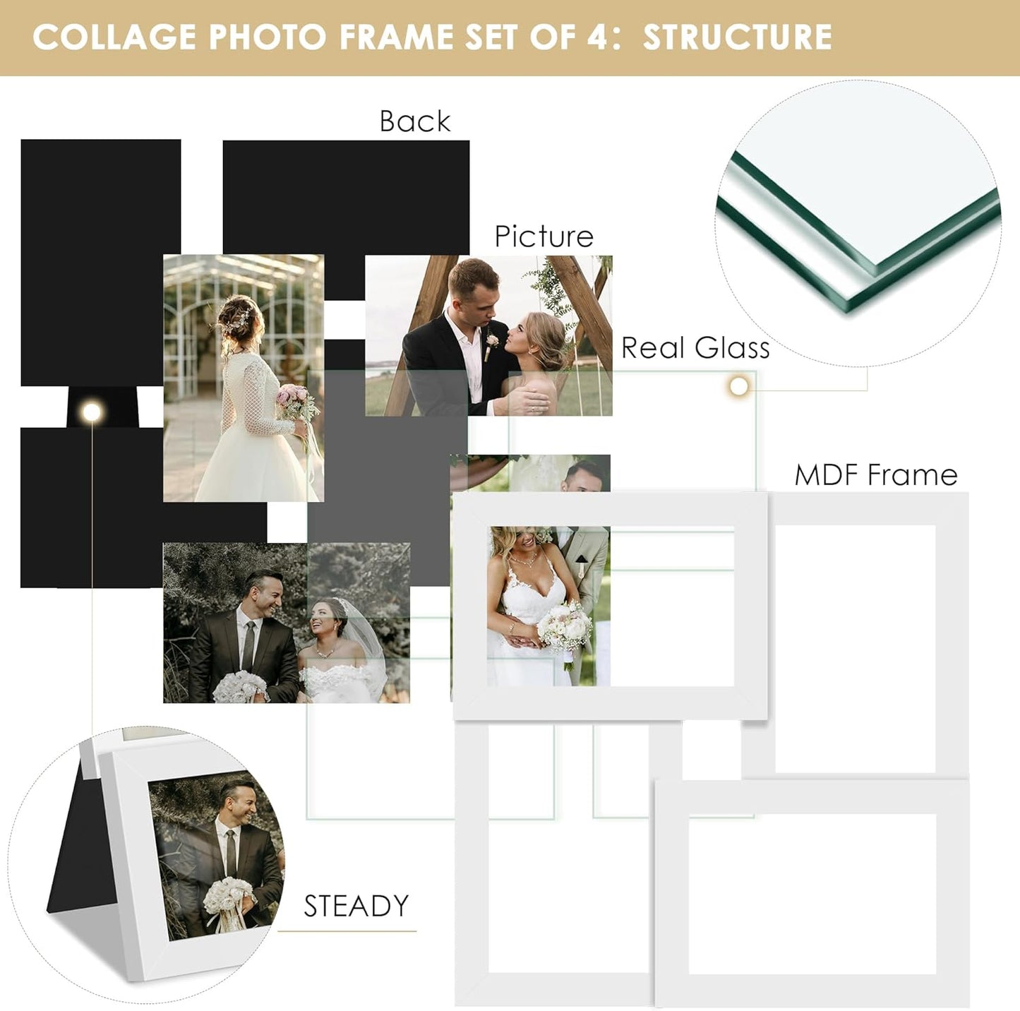 DUENPY 4x6 Collage Picture Frame Tempered Glass Front, Displays Four 4x6 Photo, Family Photo Collage Frame, Wall Decor Wall Hanging or Tabletop, Brown
