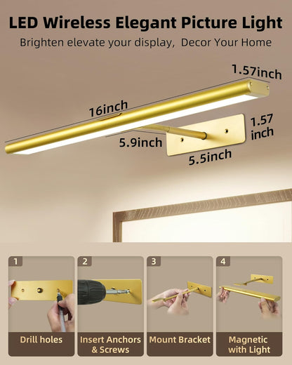 EZVALO Picture Light for Wall, 4800mAh Rechargeable Wireless Remote, 16in Dimmable Magnetic LED Art Display Light with 3 Color Temperatures, for Gallery, Living Room, Bedroom, Hallway (Gold)