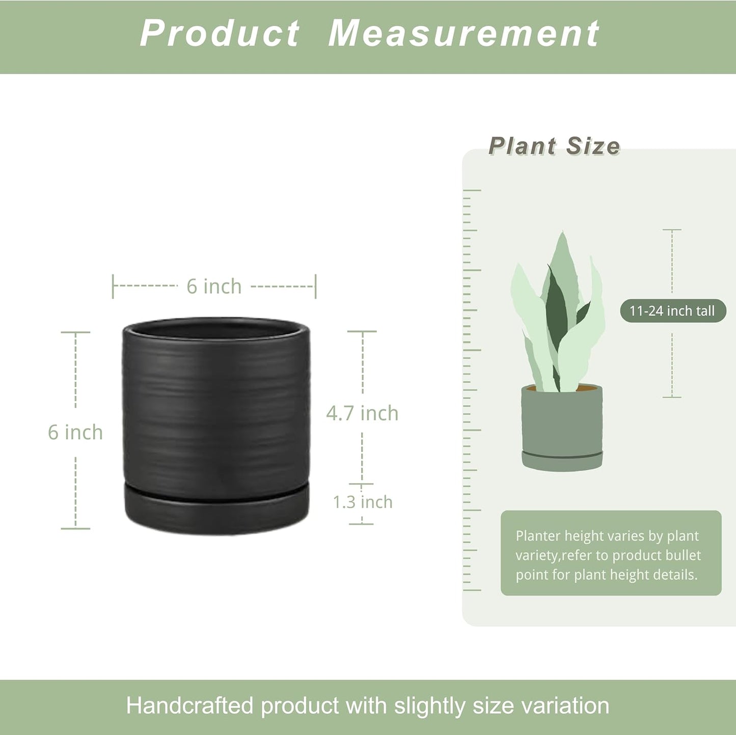 HERDUK 6 Inch Plant Pots, Ceramic Planter Pot with Drainage Hole & Saucer, Indoor/Outdoor Cylinder Round Planter Pot, Green & Beige