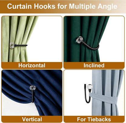 KAMANINA Curtain Holdbacks 2pcs, Gold Curtain Tiebacks, Window Curtains Hooks for Wall, Decorative Holders for Drapes with Crystal Finials(5.4" L × 4.1" W)