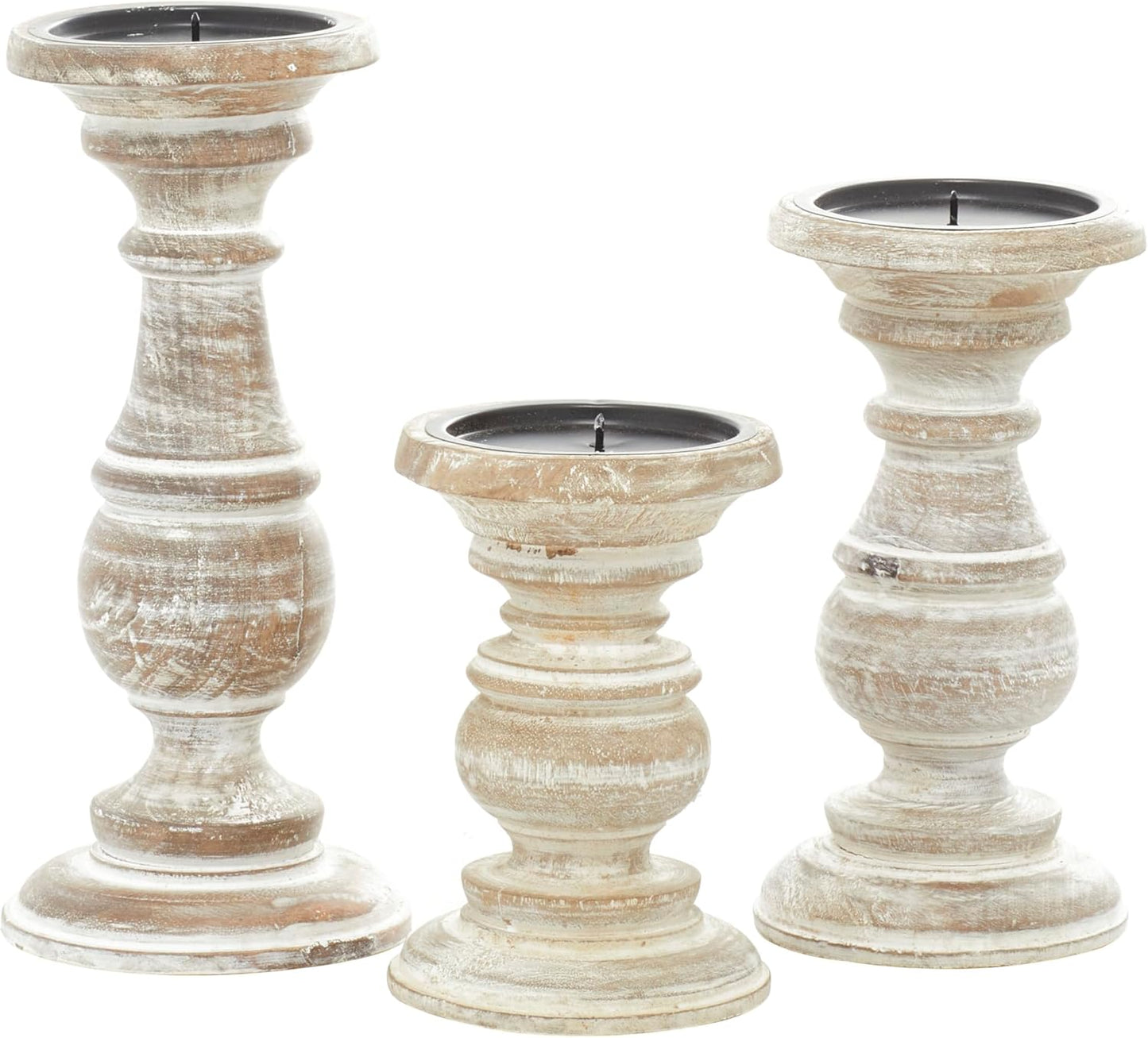 Deco 79 Mango Wood Decorative Candle Holder Distressed Turned Pillar Candle Stand, Set of 3 Candlestick Holder 6", 8", 10"H, Light Blue