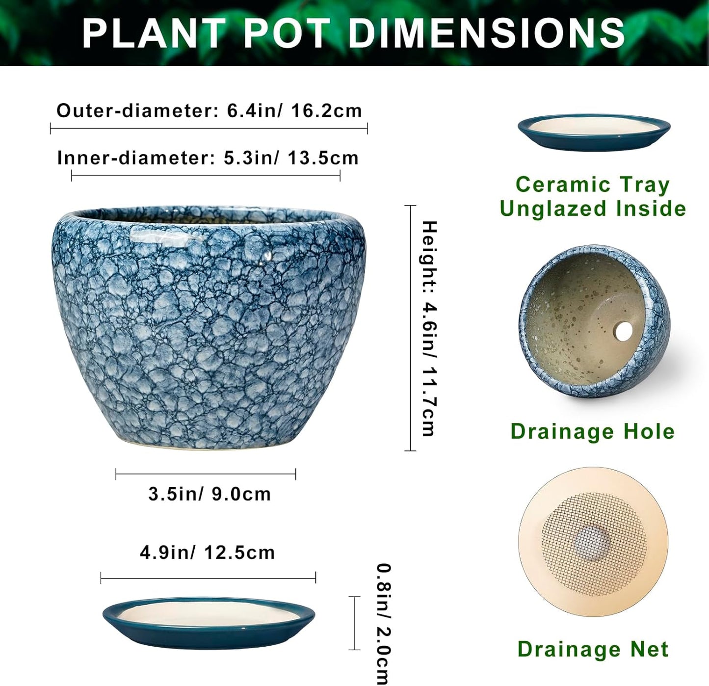 6 Inch Plant Pot - Ceramic Pots for Plants with Drainage Hole and Saucer, Round Succulent Planter Indoor Outdoor, Modern Flower Pot for Snake Plants, Home Decor, Gifts for Plant Lover, Blue