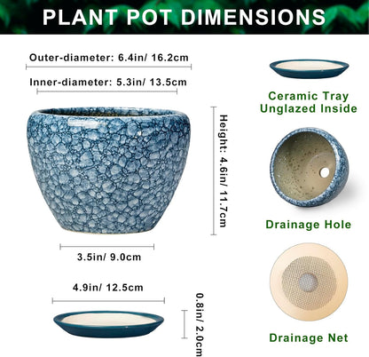 6 Inch Plant Pot - Ceramic Pots for Plants with Drainage Hole and Saucer, Round Succulent Planter Indoor Outdoor, Modern Flower Pot for Snake Plants, Home Decor, Gifts for Plant Lover, Blue