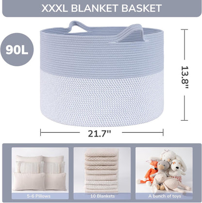 INDRESSME XXXLarge Blanket Basket for Living Room 21.7" x 21.7" x 13.8"-Storage Basket with Handle for Organizing Toy Pillows Woven Cotton Rope Laundry Basket Stuffed Animal Toy Storage for Play Room