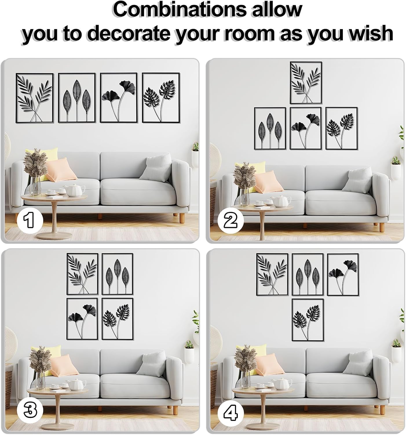 QXSXKJ Black Metal Wall Decor Framed, 3d Modern Metal Wall Art with Light, Minimalist Abstract Black Line Art DéCor, 4 Piece Home Art for Living Room Bedroom Bathroom