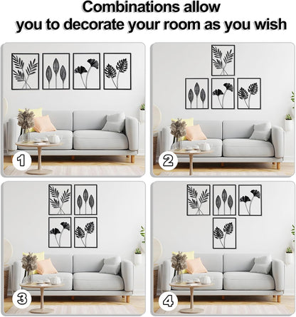 QXSXKJ Black Metal Wall Decor Framed, 3d Modern Metal Wall Art with Light, Minimalist Abstract Black Line Art DéCor, 4 Piece Home Art for Living Room Bedroom Bathroom