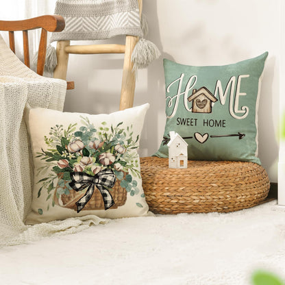 AVOIN colorlife Bless Our Home Farmhouse Eucalyptus Leaves Throw Pillow Covers, 18 x 18 Inch Truck Home Sweet Home Cushion Case Decorations Set of 4