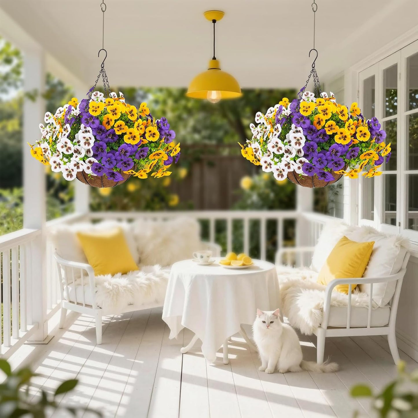 lovemoon 2 Sets Artificial Hanging Pansy Flowers with Baskets, 24 Pcs UV Resistant Faux Silk Pansy Outdoor Hanging Flower for Porch Patio Garden Home Spring Decor (2, White,Yellow,Purple)
