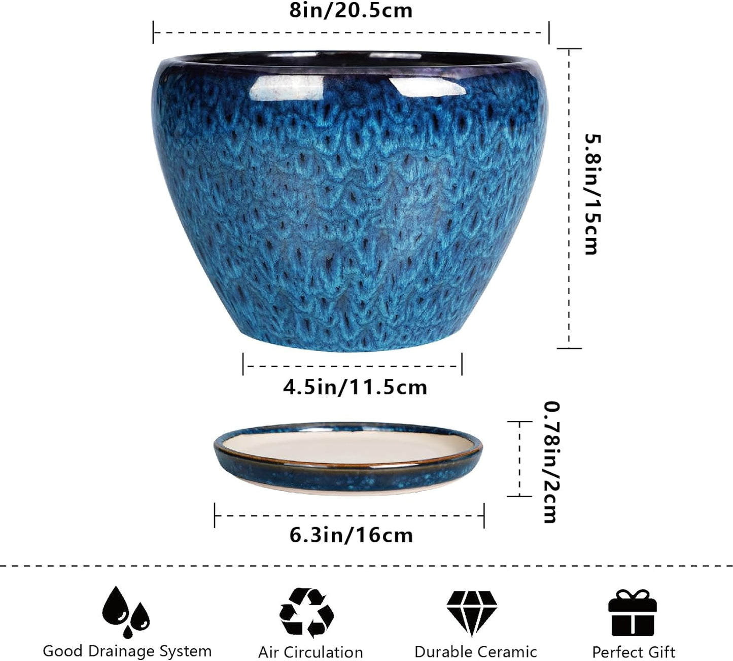 Ceramic Modern Glaze Succulent Planter Pot with Drainage Hole and Saucer 6 Inch Round Flower Plant Pot for Indoor Outdoor Herb Snake Plants