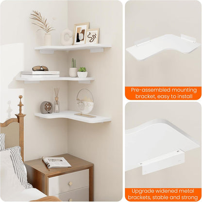 Homode Corner Floating Shelves, Set of 3 Corner Wall Shelves with Wire Hole, L-Shaped Wood Hanging Storage Shelf for Wall Decor, for Bathroom Kitchen Bedroom, White