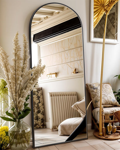 Antok 71" x28” Arched Full Length Floor Mirror, Black Aluminum Frame, Free Standing/Wall Mount/Leaning for Bedroom, Living Room, Dressing Room