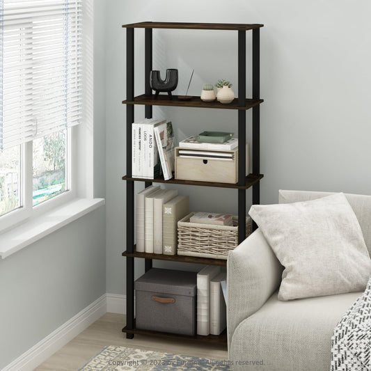 Furinno TURN-N-TUBE Corner Shelf, 5-Tier Corner Bookshelf, Open Storage Shelves, for Organization and Storage, Living Room, Home Office, Garage, Bedroom, Espresso - Colors A