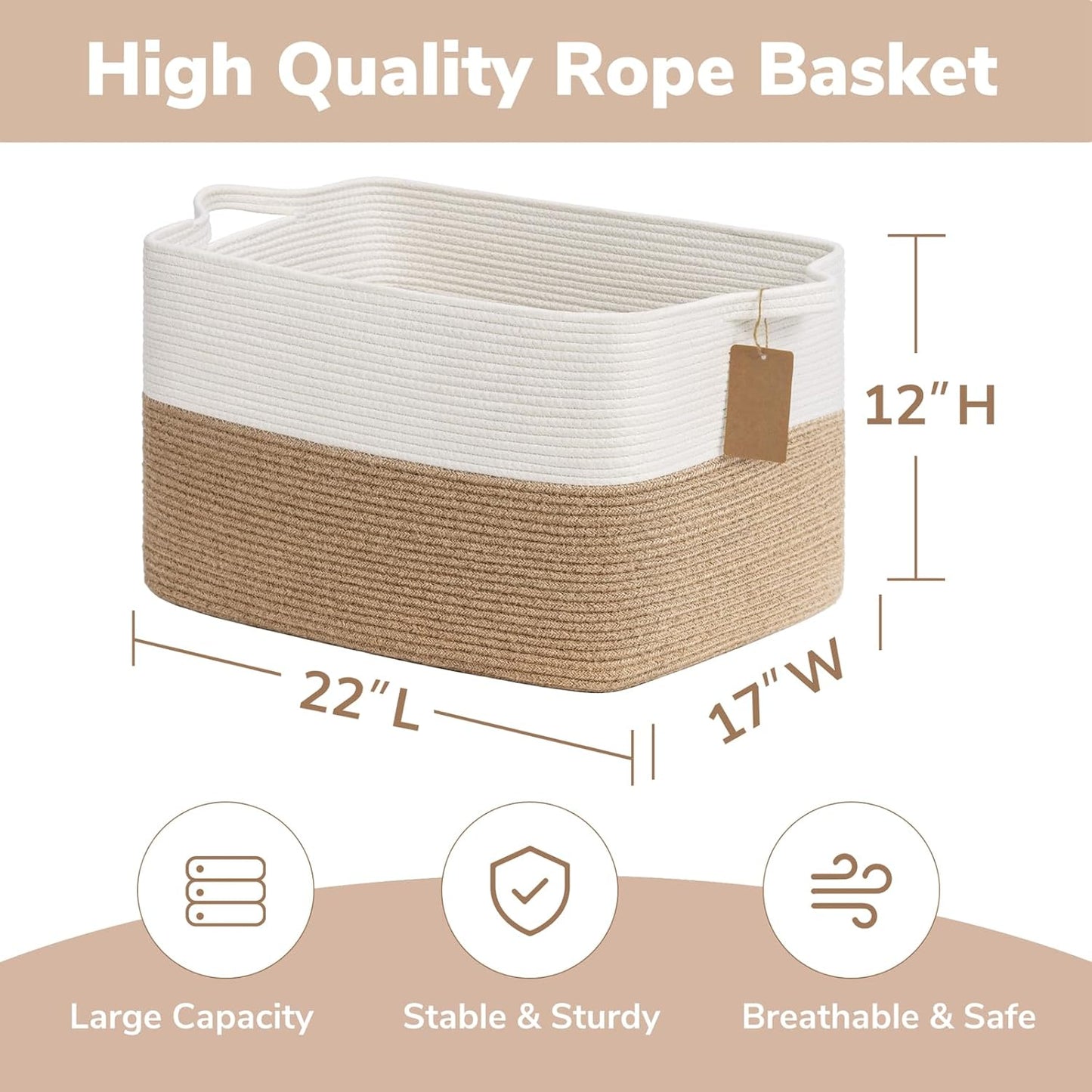 Goodpick Woven Storage Basket, Cotton Rope Basket for Dog Toys, Books, Stylish Gift Basket with Handles, 13 x 10 x 9 Inches Square Baskets for Organizing, Brown and White