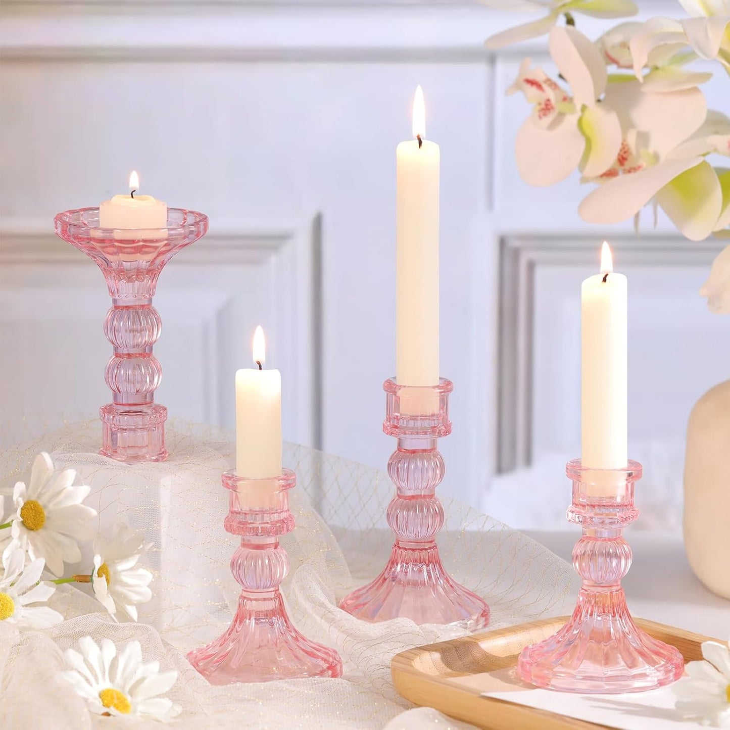 DARJEN 6Pcs Gold Candlestick Holders Set - 4" H & 5" H Striped Taper Candle Holders Bulk, Glass Candle Holders for Wedding, Festival, Party, Table Centerpiece, Gifts
