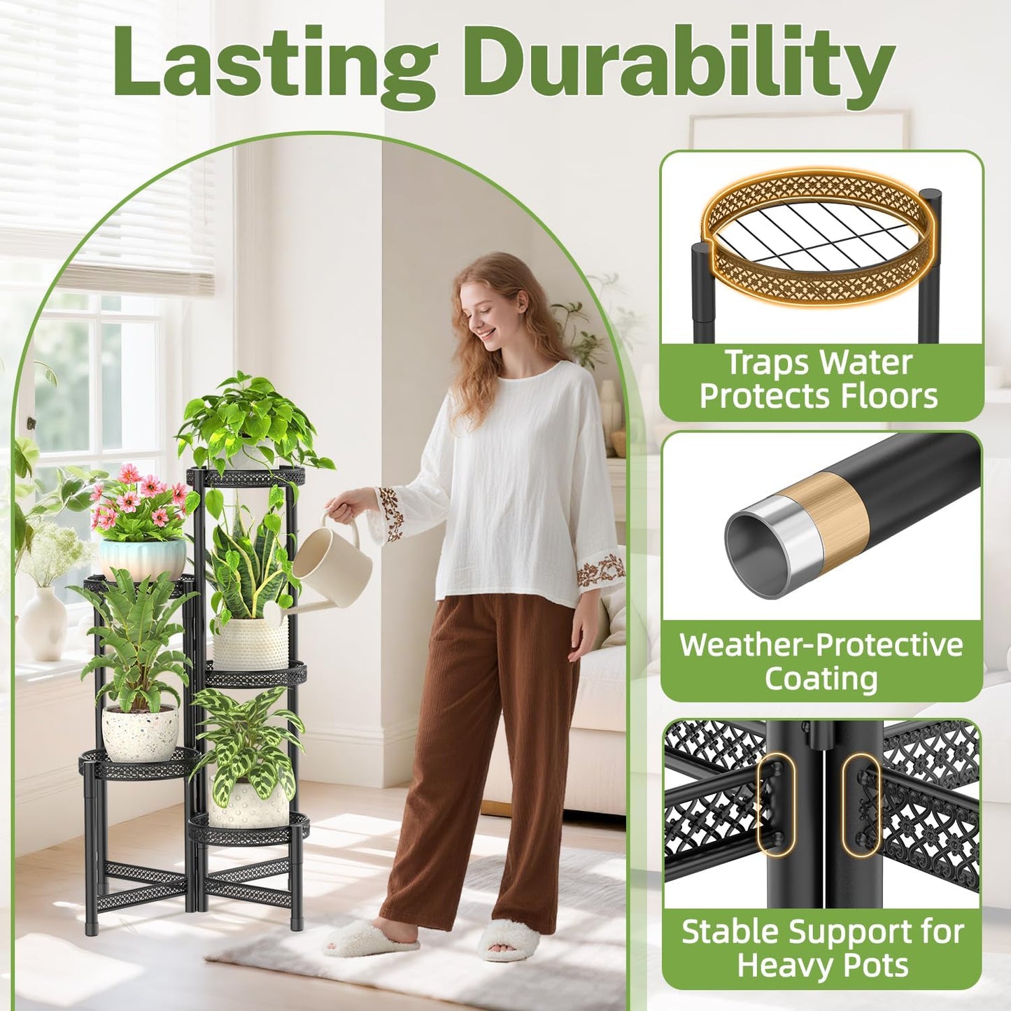 iDavosic.ly Plant Stand Indoor Outdoor, 5 Tier Corner Metal Flower Display Holder Shelf, Folding Tall Orchid Rack for Patio Balcony Porch Garden Living Room House, Black