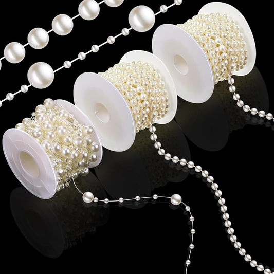 Bonuci 3 Rolls 66 Feet Pearls String Garland Faux Pearl Garland Spool Roll Strand Decoration Artificial Beads Chain Trim for Wedding Party Crafting Wedding Mother's Day Flower Decor(Ivory,4mm)