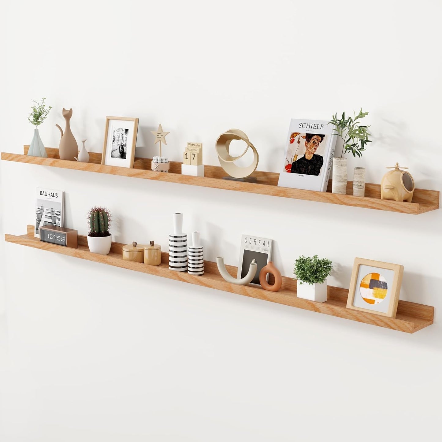 Axeman Oak Picture Ledge Shelf, 48 Inch Floating Shelves Set of 2, Solid Oak Wood Wall Shelves with Lip, Wall Decor Storage for Bedroom Living Room Bathroom Kitchen Nursery Photo Picture, Natural Oak