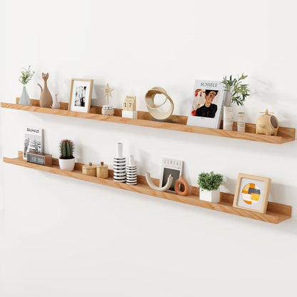 Axeman Oak Picture Ledge Shelf, 48 Inch Floating Shelves Set of 2, Solid Oak Wood Wall Shelves with Lip, Wall Decor Storage for Bedroom Living Room Bathroom Kitchen Nursery Photo Picture, Natural Oak