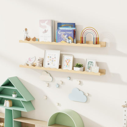 Fun Memories Picture Ledge Shelf for Wall, 24 inch Pine Wood Nursery Book Shelves Set of 2- Wall Book Shelves for Kids Room, Home Decor - Kitchen Spice-White