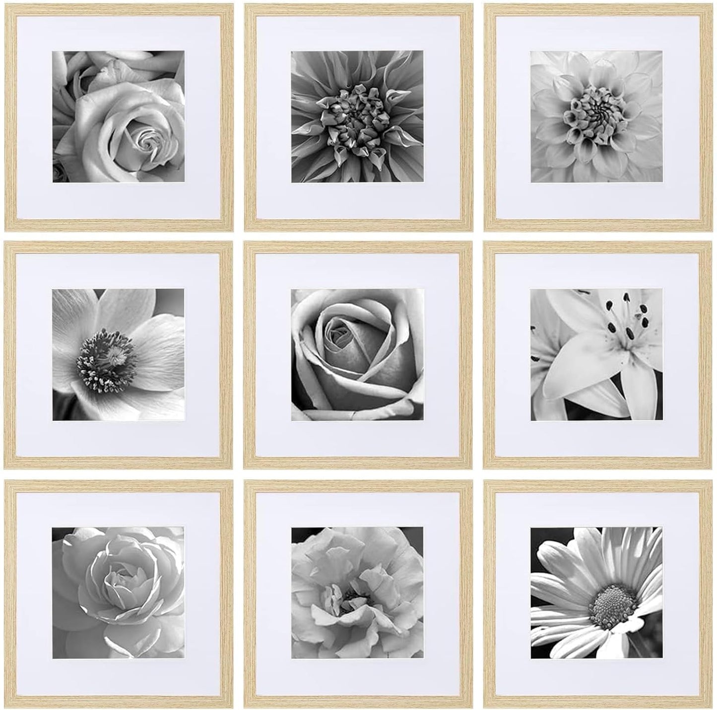 eletecpro 12x12 Picture Frames Set of 9 with Clear Acrylic Cover, Display 8x8 Photos with Mat or 12x12 Without, Classic and Sturdy Square Collage Gallery Wall Decor, Easy Wall Mount, Black