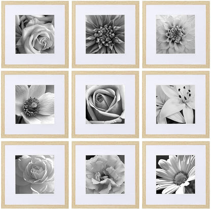 eletecpro 12x12 Picture Frames Set of 9 with Clear Acrylic Cover, Display 8x8 Photos with Mat or 12x12 Without, Classic and Sturdy Square Collage Gallery Wall Decor, Easy Wall Mount, Black