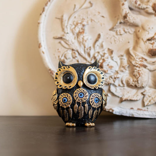 Decorative Owl Figurine, Vintage Blue and Gold Owl Statue Home Decor - Evil Eye Accent for Bookshelf, Bedroom, Living Room, Office & Table. Cute Small Animal Sculpture Gift for Birds Lovers.(Blue)