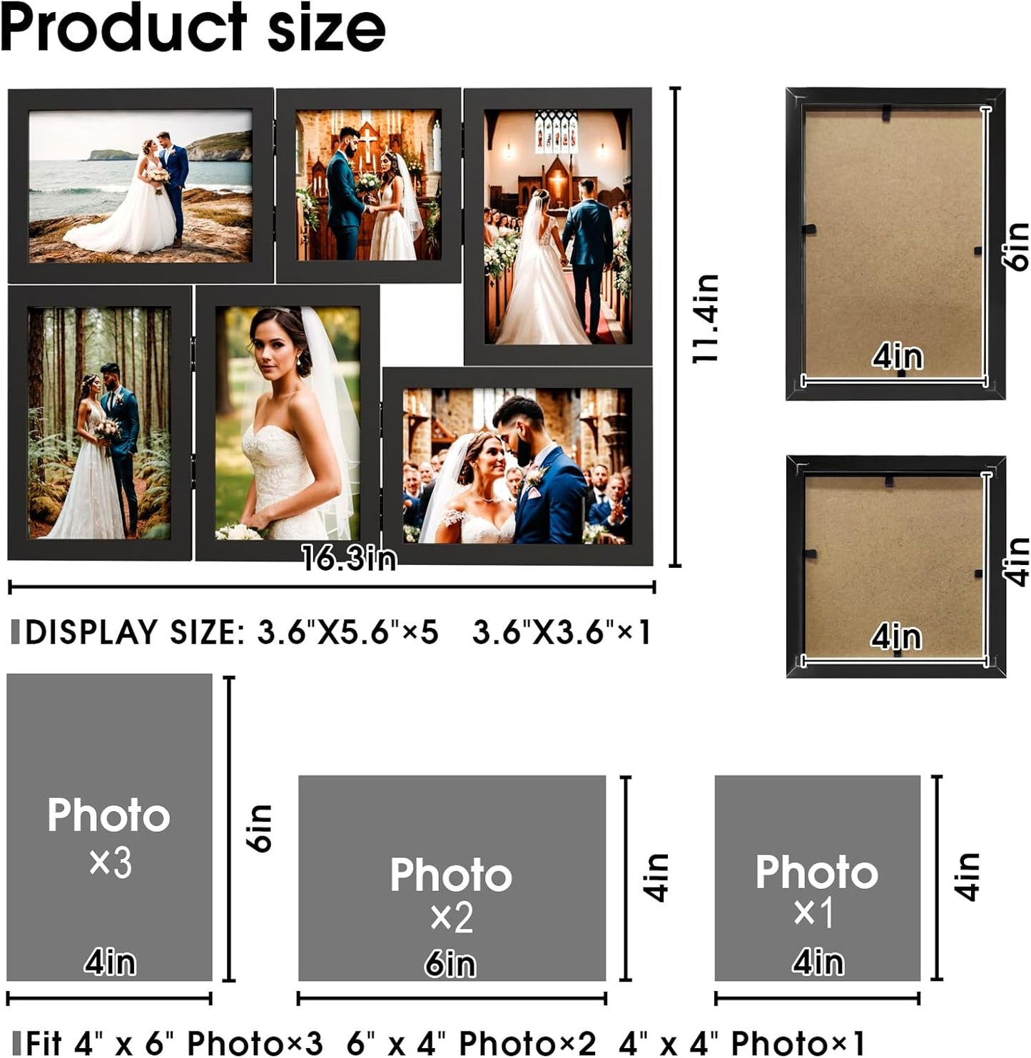 WARM&LOVE 6 Picture Frame, 4x6 & 4x4 Six Folding Hinged Photo Frames, Rustic Wood Desk Family Photo Collage Stand Vertical on Tabletop for Birthday Family Lover Gift (Black)