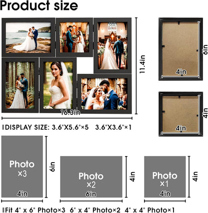 WARM&LOVE 6 Picture Frame, 4x6 & 4x4 Six Folding Hinged Photo Frames, Rustic Wood Desk Family Photo Collage Stand Vertical on Tabletop for Birthday Family Lover Gift (Black)