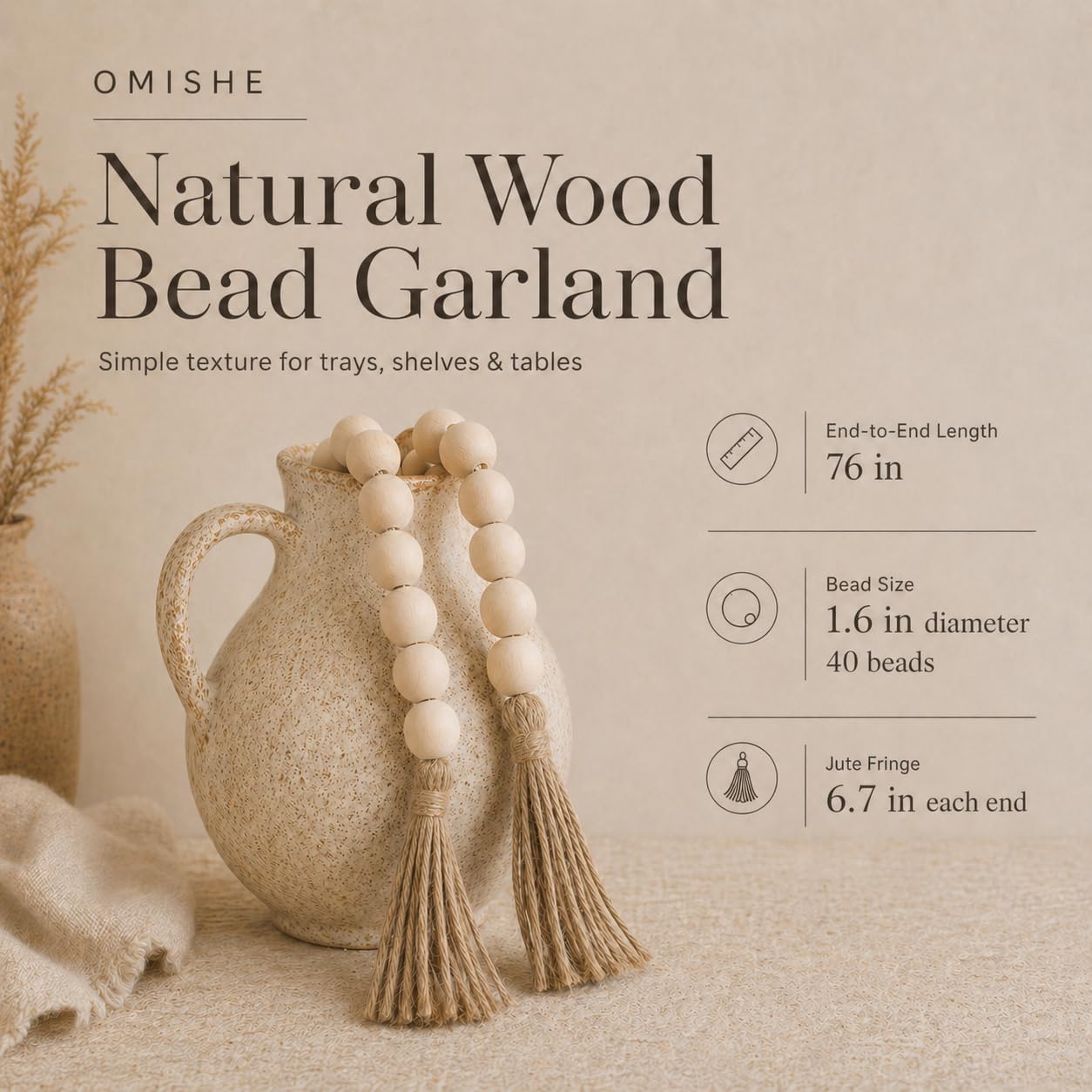 OMISHE Extra Large Wood Bead Garland with 1.6" Diameter Wooden Beads and Tassels, 41" Long Rustic Farmhouse Country Decorative Beads for Home Tiered Tray Decor, Natural Beige