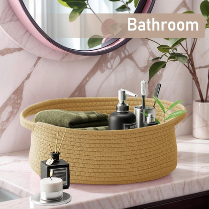 JMvicyroam Woven Basket,Small Rope Storage Bin with Handles & Ribbon Bag, Organizer for Shelves Closets,Gift Basket Empty for Birthday,Books,Dog Toys,White