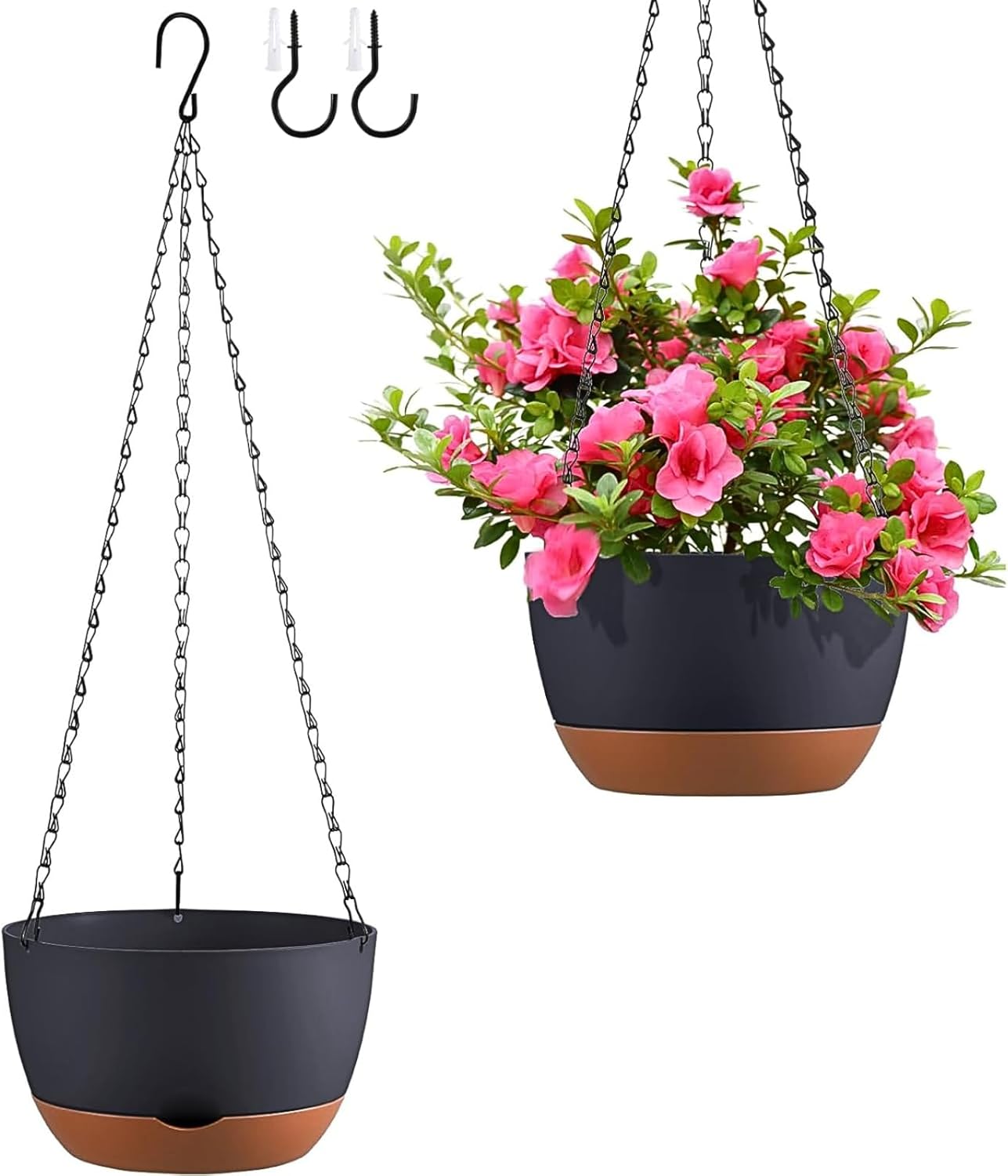 Set of 2 Hanging Planters for Indoor Outdoor Plants, 8 Inch Self-Watering Hanging Flower Pots with Drainage Hole & Removable Water-Storage Tray (Hooks)