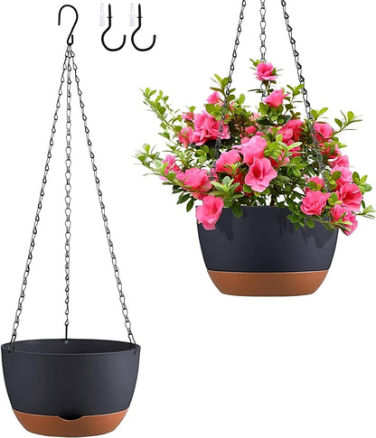 Set of 2 Hanging Planters for Indoor Outdoor Plants, 8 Inch Self-Watering Hanging Flower Pots with Drainage Hole & Removable Water-Storage Tray (Hooks)