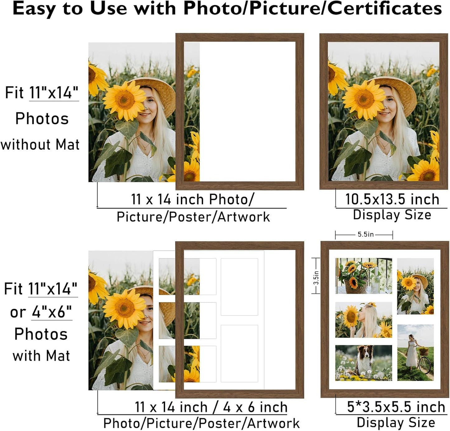JCJMY 11x14 Picture Frame, 4x6 Collage Picture Frame, Display 5 Pcs 4x6 Photos or 11x14 Picture, Five Opening 4x6 Collage Frame for Wall Hanging, Lightweight 4 x 6 Multi Pictures Frame, Black