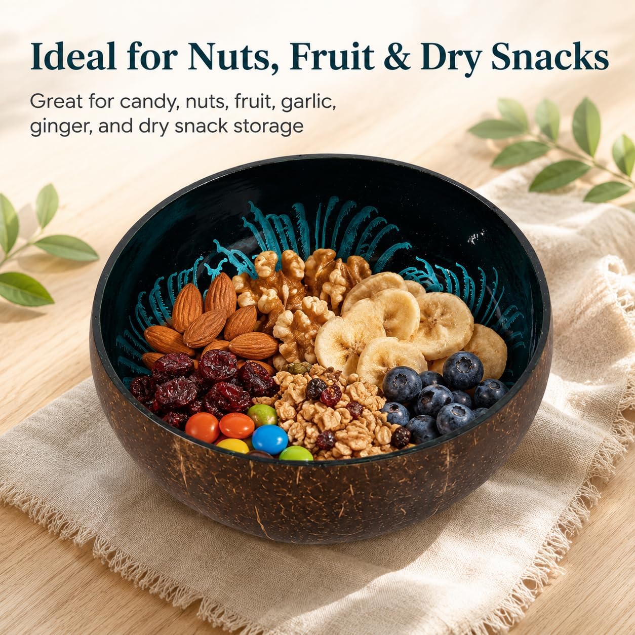 ChezMax Natural Coconut Bowl with Mother of Pearl Inlays - Key Bowl & Fruit Snack Holder (Blue-Gold)