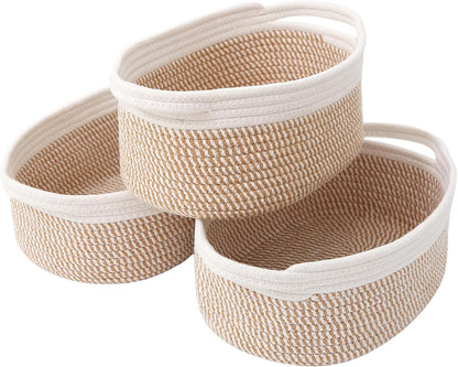 JMvicyroam Woven Basket,Small Rope Storage Bin with Handles & Ribbon Bag, Organizer for Shelves Closets,Gift Basket Empty for Birthday,Books,Dog Toys,White