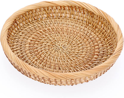 Hipiwe Small Key Basket Bowl for Entryway 7.6" Round Woven Wicker Basket Fruit Serving Tray Woven Basket Wall Decor Rattan Organizer Basket for Keys, Wallet,Whitewash