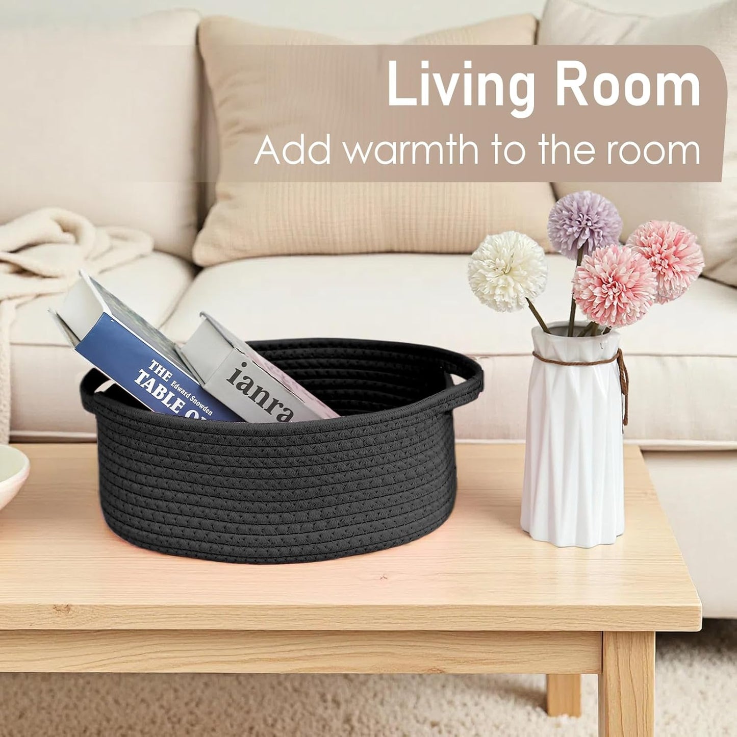 JMvicyroam Woven Basket,Small Rope Storage Bin with Handles & Ribbon Bag, Organizer for Shelves Closets,Gift Basket Empty for Birthday,Books,Dog Toys,White
